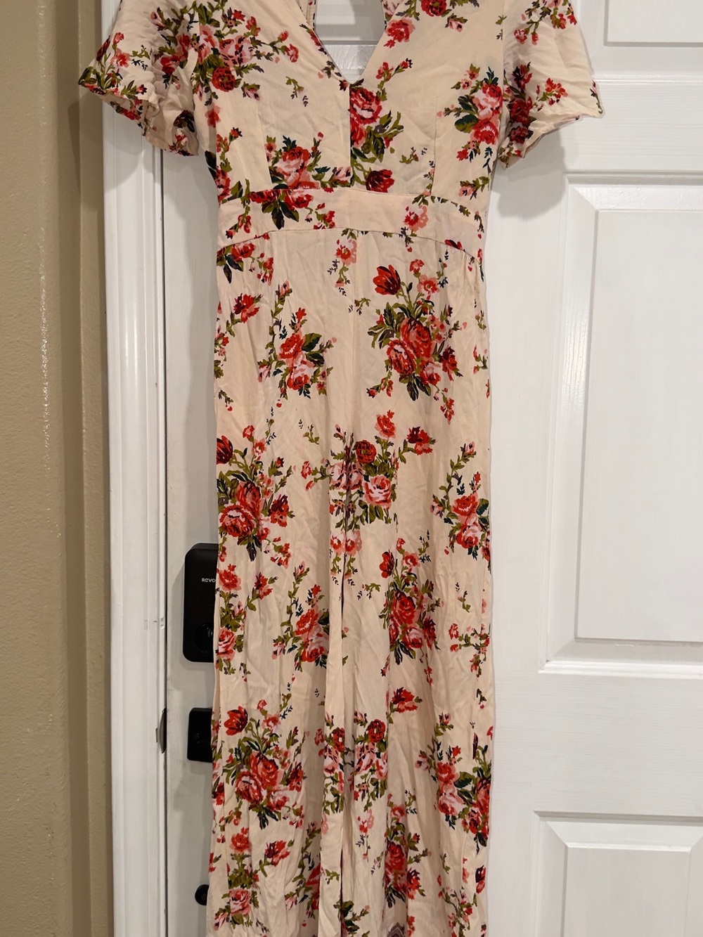 Angie Floral V-Neck Jumpsuit in Beige with Red Rose Print